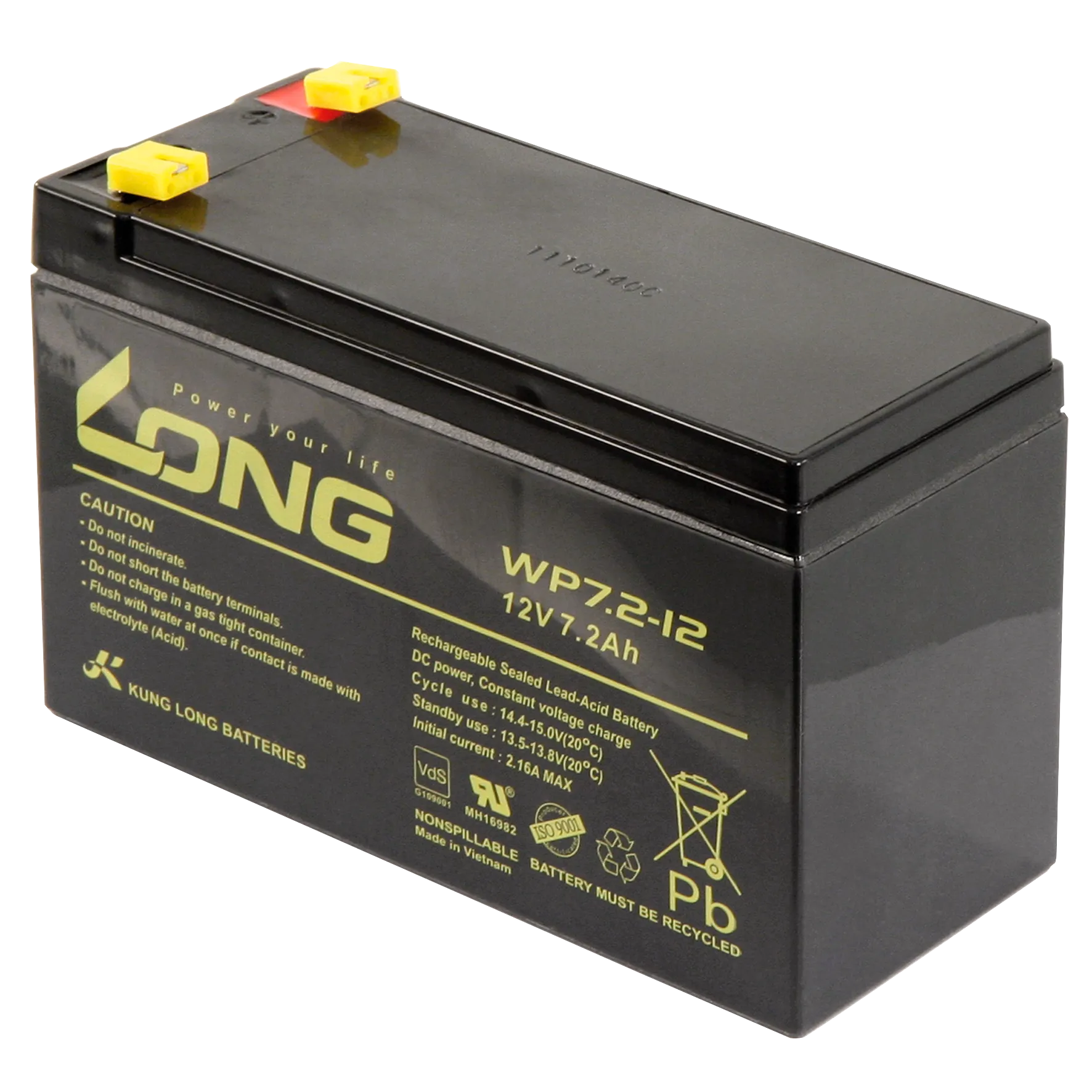 Bleiakku KUNG LONG “WP7,2-12“ 12V/7,2Ah, VdS, 151x65x102mm, 2,67kg Bleiakku KUNG LONG “WP7,2-12“ 12V/7,2Ah, VdS, 151x65x102mm, 2,67kg