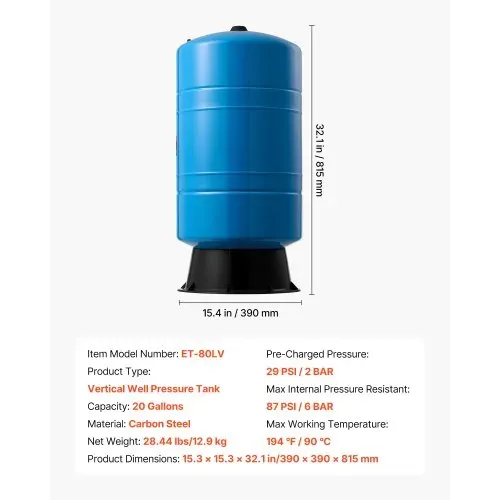 VEVOR Drucktank für vertikale Brunnen, 75,7 L vorgeladener Druckwassertank für Brunnenpumpen, Wasserspeicherbehälter aus Karbonstahl für Zuhause, Schule, Bauernhof und Bewässerungssysteme – Bild 6