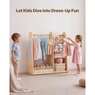 VEVOR Kinderkleiderschrank 98,5x40x106 cm, Kindergarderobe mit Spiegel Kleiderstange Ablagen, Verkleidungsschrank mit 2 Stoffschubladen für Mädchen, Kinderschrank für Kostüme Schlafzimmer, Naturholz VEVOR Kinderkleiderschrank 98,5x40x106 cm, Kindergarderobe mit Spiegel Kleiderstange Ablagen, Verkleidungsschrank mit 2 Stoffschubladen für Mädchen, Kinderschrank für Kostüme Schlafzimmer, Naturholz