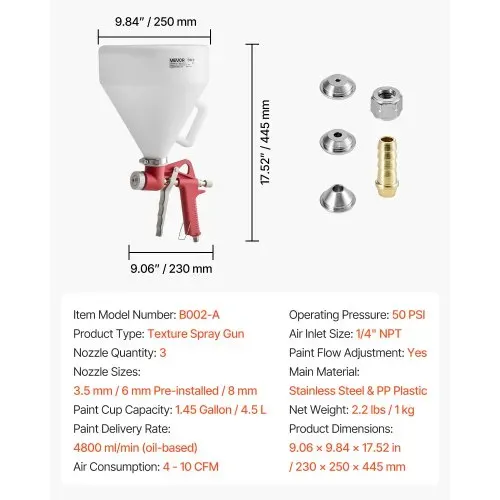 VEVOR Lackierpistole, 4,5 L Spritzpistole, professionelles Trockenbau-Struktur-Farbsprüh-Set, Farbspritzgerät mit 3 Düsen (3,5 mm, 6 mm, 8 mm) für Popcorn-, Knockdown- und Orangenhaut-Texturen – Bild 6