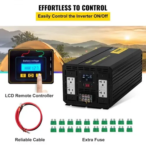 VEVOR Wechselrichter, 5000 W modifizierter Sinus-Wechselrichter, 12 V DC auf 110 V AC Fahrzeugadapter, mit LCD, Fernbedienung, LED-Licht & GFCI-Steckdosen für RV, LKWs, Boote & Outdoor-Adv – Bild 4