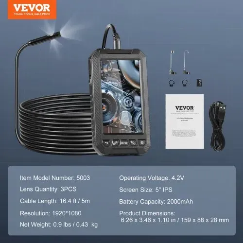VEVOR Endoskopkamera mit Licht, Industrie-Endoskop mit Dreifachlinse, 5-Zoll-Bildschirm, 1080P-Inspektionskamera, 8 + 2 Lichter, IP67 wasserdichte Schlangenkamera für Autos, Sanitäranlagen (5 m Kabel, 32 GB Karte) – Bild 6