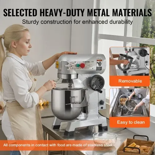 VEVOR Kommerzieller Küchenmixer, 18,7 l kommerzieller Standmixer mit 3 einstellbaren Geschwindigkeiten, 1100 W Teigmixer mit Edelstahlschüssel und 3 Mixaufsätzen, ideal für Restaurant, Bäckerei, Konditorei, Café – Bild 4