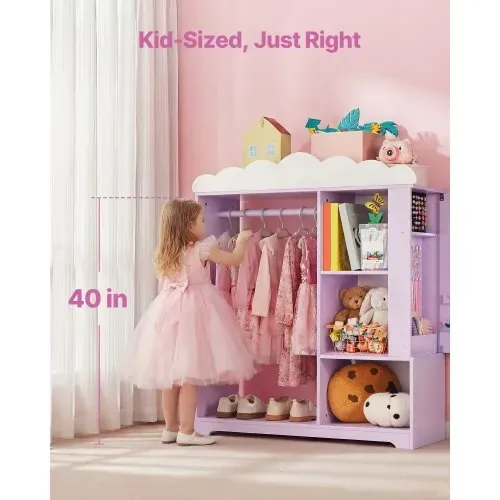 VEVOR Kinderkleiderschrank 91x30x103cm, Kindergarderobe mit Spiegel Kleiderstange Ablagen, Verkleidungsschrank aus MDF mit Schmuckkästchen für Mädchen, Kinderschrank für Kostüme Spielzeug Puppen, Lila – Bild 3