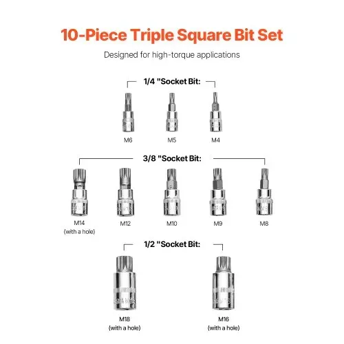 VEVOR XZN Dreikant Spline Bit Steckschlüsselsatz, 10-teilig M4 – M18, hochwertiger Cr-V-Stahl, 1/4 Zoll, 3/8 Zoll und 1/2 Zoll Antriebe, mit verbessertem Aufbewahrungskoffer, für Automobil – Bild 2