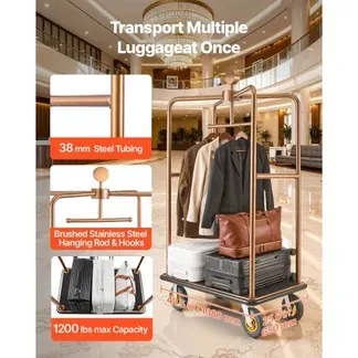 VEVOR Hotelgepäckwagen aus Edelstahl, 544,31 kg Belastbarer Kofferwagen mit 8 Zoll Gummirädern, Hotelwagen mit Schwarzem Teppichboden & Garderobenstange, Gepäckwagen für Hotels Resorts, Roségold VEVOR Hotelgepäckwagen aus Edelstahl, 544,31 kg Belastbarer Kofferwagen mit 8 Zoll Gummirädern, Hotelwagen mit Schwarzem Teppichboden & Garderobenstange, Gepäckwagen für Hotels Resorts, Roségold