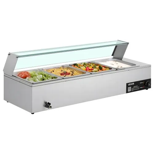 VEVOR kommerzieller Speisenwärmer (4 x 1/2 Größe Behälter), 1,5 kW elektrischer Wärmebehälter aus Edelstahl mit Glasabdeckung & Suppenkelle, Chafing Dishes Set für Catering Restaurant Party – Bild 9