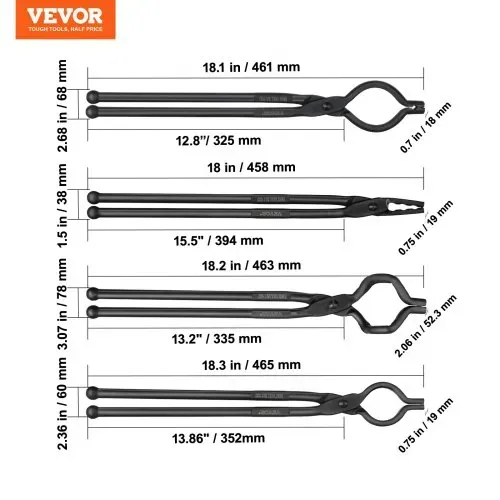 VEVOR Schmiedezange-Set, V-Bit, Wolf, ZV, Greifzange 4 Stk. Kohlenstoffstahl Schmiedezange, 465 x 60 x 19 mm / 461 x 68 x 18 mm / 458 x 38 x 19,0 mm / 463 x 78 x 52,3 mm, mit Verlängertem Griff – Bild 6