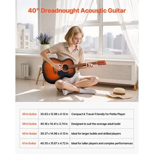 VEVOR Dreadnought Akustik Gitarre 40 in / 1016 mm Anfängerpaket Erwachsene Sunburst – Bild 2