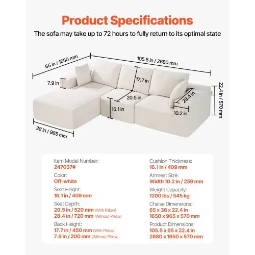 VEVOR Modulares Sofa L-förmiges Ecksofa Schlafsofa mit hochelastischem Schaumstoff & hoher Dichte, gepolstertes Cordsofa (545 kg belastbar / 265 cm lang) mit Kissen für Wohnzimmer Apartment Beige – Bild 6
