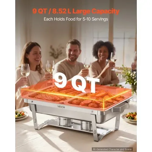 VEVOR Chafing Dish 3er-Set je 8,52 L Edelstahl Warmhaltebehälter für Buffets, Hochzeiten & Partys, Warme und Kalte Speisen Servieren, Brennstoffbehälter, 6 Behälter in Halber Größe, Faltbarer Ständer – Bild 2
