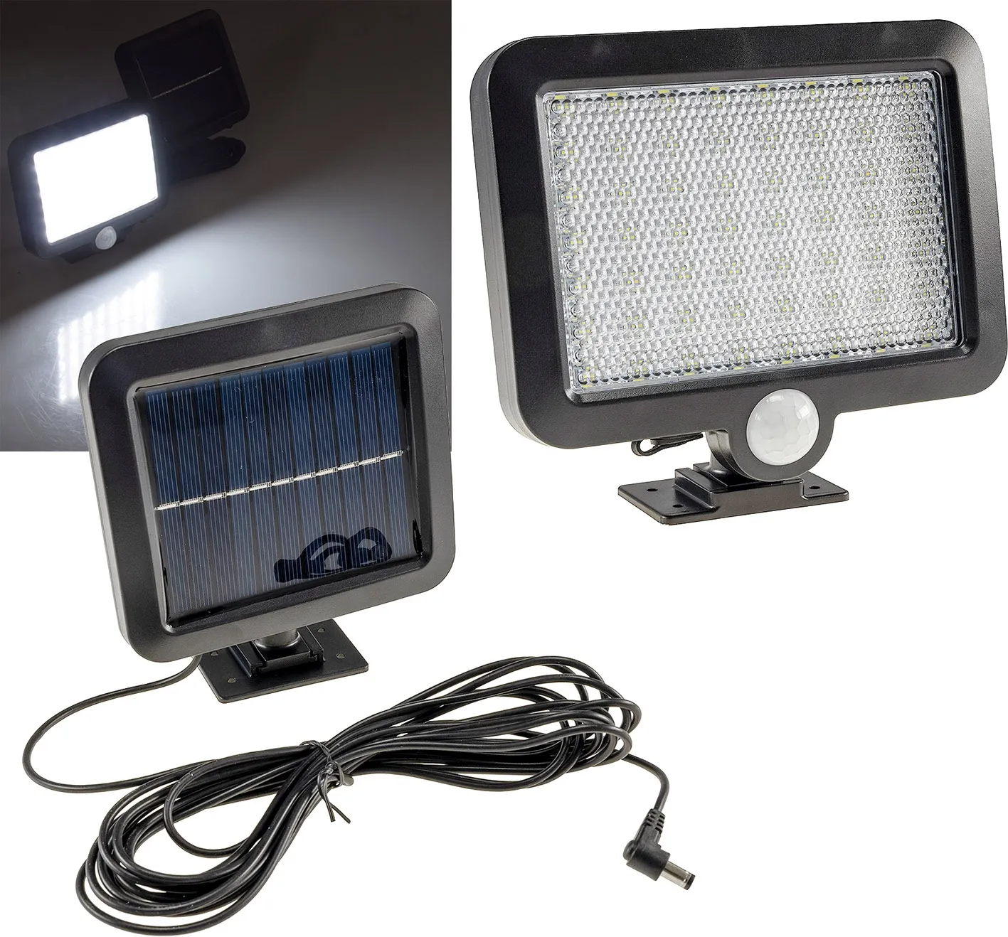 LED Solar Wandleuchte m. Bewegungsmelder 300lm, 6000K, Akku, externe Solarzelle LED Solar Wandleuchte m. Bewegungsmelder 300lm, 6000K, Akku, externe Solarzelle