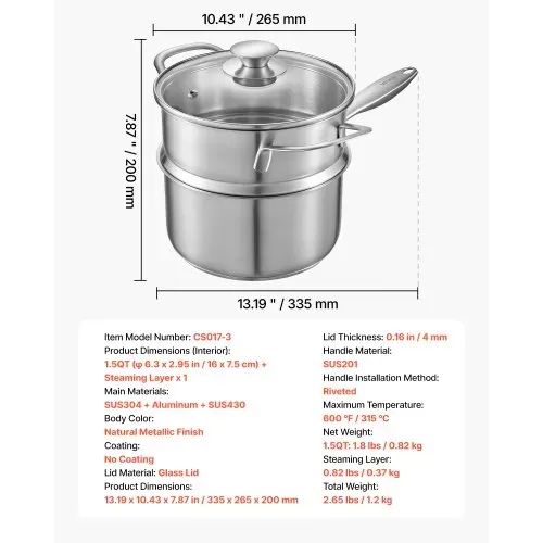 VEVOR Kochtopf Großraumtopf 1,42 L mit Glasdeckel & Dampfschicht, Suppentopf Gemüsetopf mit ergonomischem Griff, Milchtopf aus Edelstahl Gemüsetopf Silber spülmaschinengeeignete Soßentopf – Bild 6