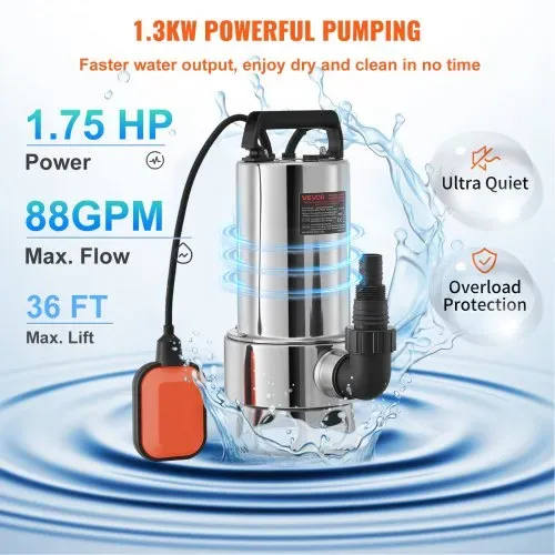VEVOR Tauchwasserpumpe, 1300 W, 20000 l/h, mit 10 m Kabel und automatischem Schwimmerschalter, Edelstahl und Gusseisen für schmutzige oder saubere, leere Gartenteiche, Schwimmbäder, Whirlpools – Bild 2