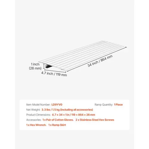 VEVOR Türschwellenrampe, 196x864x26 mm, Rollstuhlrampe aus Aluminiumlegierung mit einer Tragkraft von 360 kg, Bordsteinrampe für Heimtreppen für Rollstühle Roller Gehhilfen Fahrräder Dreiräder – Bild 6