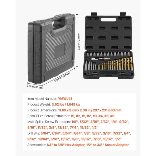 VEVOR Bolzenausdreher-Set mit Bohrern 41-tlg. Schraubenausdreher mit Adaptern & Stabilem Aufbewahrungskoffer, Schraubenlöser aus Cr-Mo-Stahl zum Entfernen von Bolzen & Muttern & Schrauben – Bild 6
