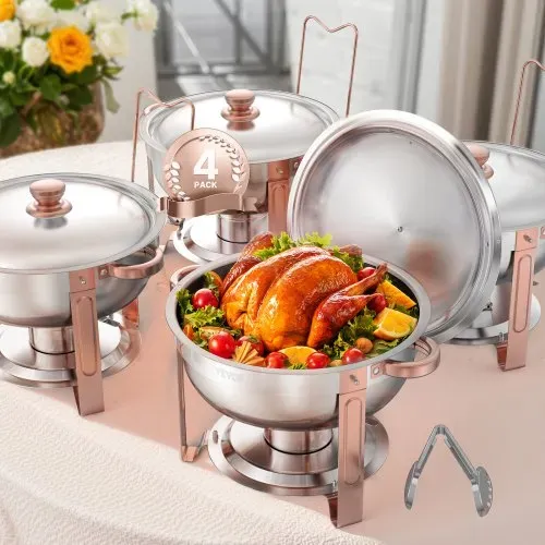 VEVOR Chafing Dish Buffet Speisenwärmer mit 4 Behältern in voller Größe (4,7 L pro), runder Catering-Wärmespender mit Deckel & Wasserpfanne & klappbarer Ständer, für Hochzeiten Partys Roségold – Bild 7