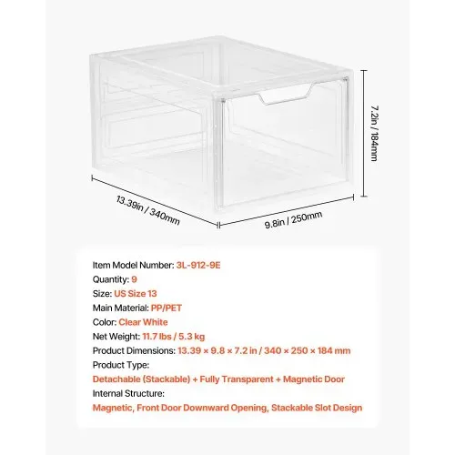 VEVOR Schuhaufbewahrungsboxen stapelbare Schuhboxen (9 Stk.) passend bis US-Größe 13, Schuh-Organizer mit magnetischer Tür zur Aufbewahrung von High Heels & Stiefeln & Hüten, transparent + Weiß – Bild 6