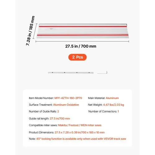 VEVOR Führungsschiene Handkreissägen, inkl. 2 Stk. 700 mm Aluminium-Kreissägeschienen & 1 Verbindungsstück, kompatibel mit verschiedenen Marken von Tauchsägen, für Holzbearbeitungsprojekte – Bild 6