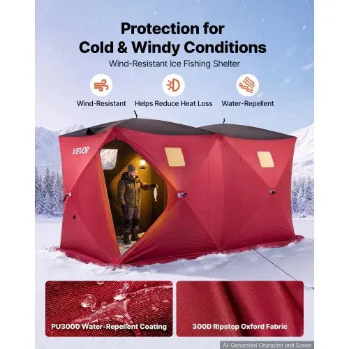 VEVOR Eisangelzelt Eisfischerzelt für 6-8 Personen 3,6x1,8x2m Eisschutzzelt, Angelzelt für Winterfischen, 6,27 m² Fläche, 300D Oxford-Gewebe, Hub-Style-Zelt mit Ankern, Seile, Tragetasche, Rot/Schwarz – Bild 2