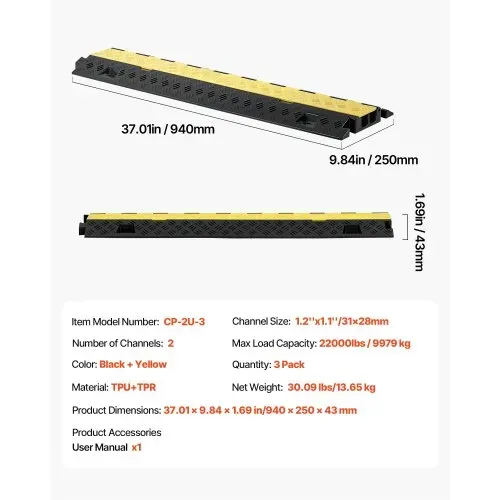 VEVOR 940 mm Kabelbrücke, 9979 kg/Achstragkraft, 2-Kanal(31x28 mm) Überfahrschutz aus TPU, Stolperschutz, Bodenabdeckungen, für Bereiche mit hoher Schwelle, Zuhause, Büro, Lager, 3er-Pack – Bild 6