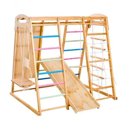 VEVOR Indoor Spielplatz Klettergerüst (9 in 1) aus Holz, 113 kg belastbares Montessori-Kletterspielzeug-Set mit Schaukeln/Klettergerüst/Rutsche/Holzleiter/Strickleiter/Kletternetz/Fels/Stange/Seil – Bild 8