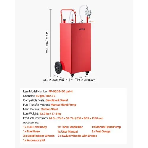 VEVOR 189,3L Kraftstofftrolley Mobile Tankanlage mit Manueller Pumpe Rot, Kohlenstoffstahl, Mit 4 Rollen & 3m PVC-Schlauch, Max. 17,8L/min Durchfluss, Benzin & Diesel, Ideal für Auto Rasenmäher Boot – Bild 6
