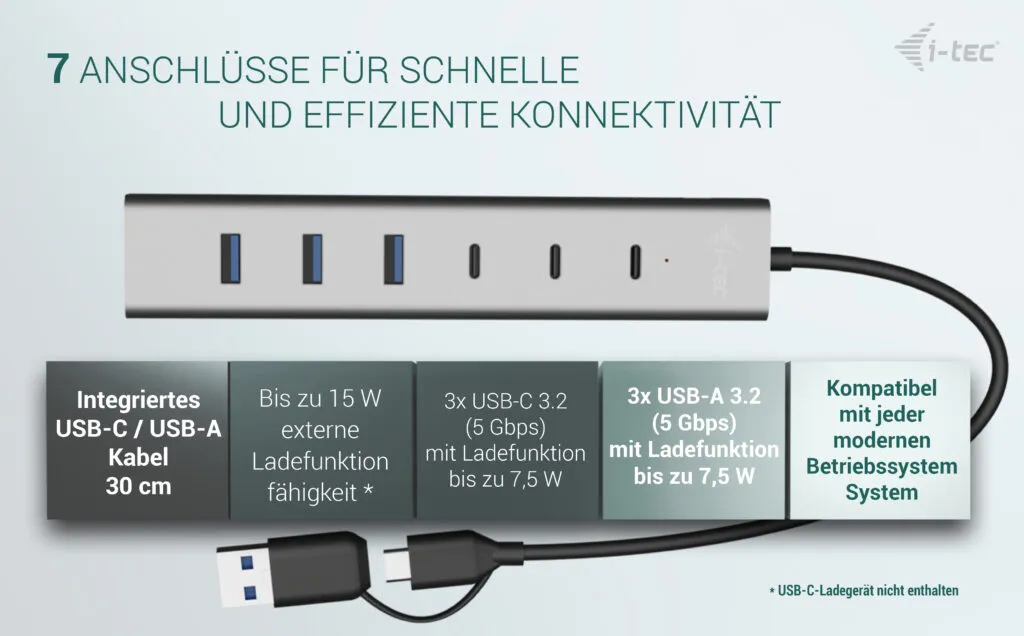 i-tec USB-C/USB-A Charging Metal HUB 7 port (3x USB-C, 4x USB-A) – Bild 6