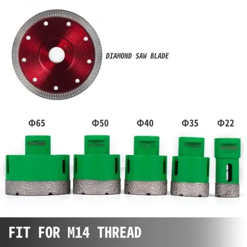 VEVOR Diamant Lochsäge 20, 35, 40, 50, 65 mm, Fliesenbohrer Lochsäge M14 Gewinde, Diamantbohrer 1,4 mm Klingen Dicke, Glasbohrer mit 5 Bohrern und Einer Klinge, Folienschweißgerät für Fliesen, Granit – Bild 2