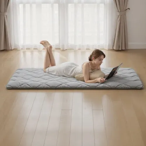 VEVOR japanische Futon-Matratze (2032 x 991 x 63,5 mm), faltbare Tatami (Einzelbettgröße), Bodenmatratze mit Aufbewahrungstasche & Befestigungsmaterial, 9-lagige Schlafmatte für Meditation Yoga, Grau – Bild 7