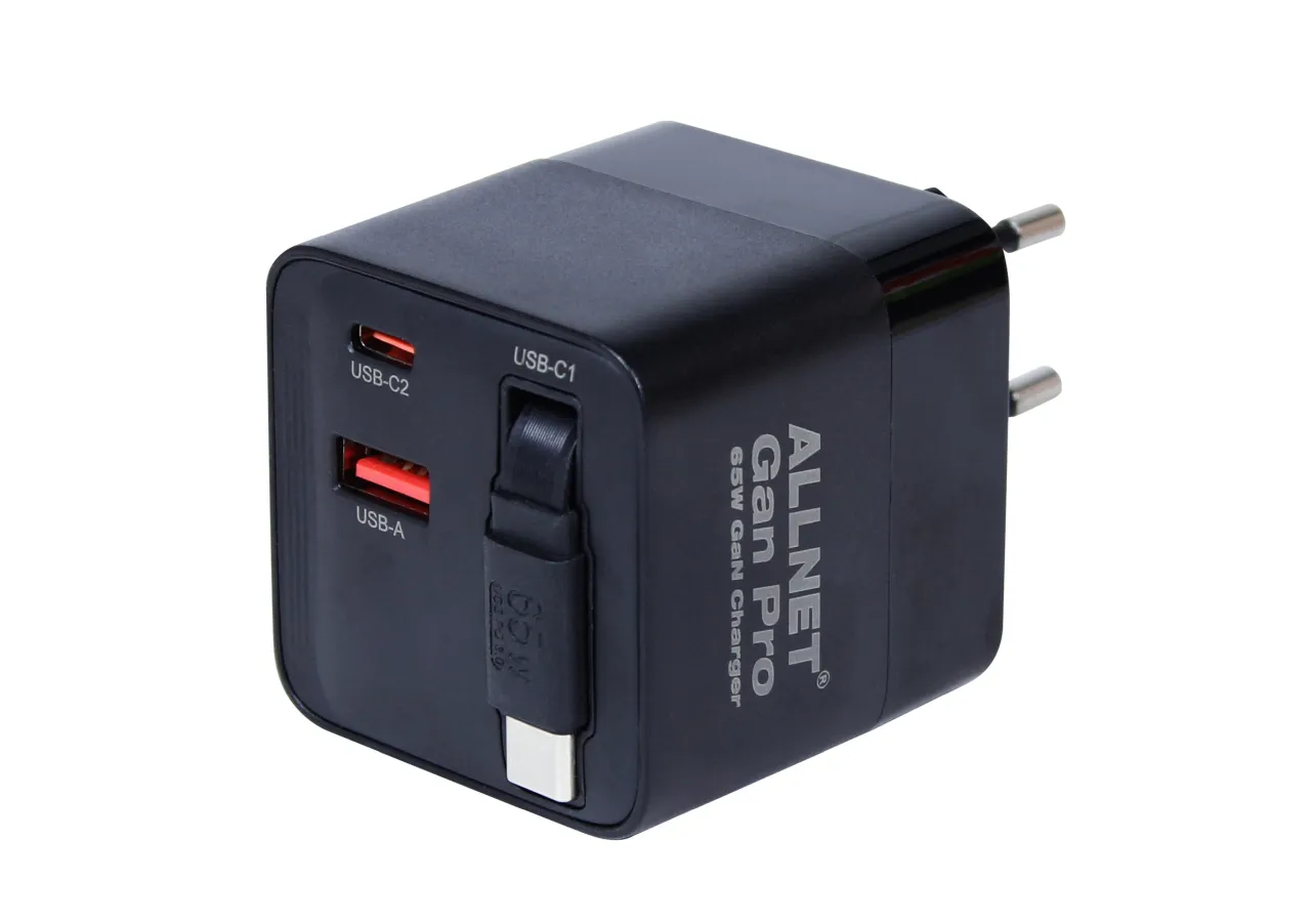 ALLNET Ersatznetzteil QC USB-C PD GaN Netzteil Power Supply 65 Watt 1x USB Typ-A QC, 1x USB Typ-C/ 1x USB Typ-C ausziehbar **EU PLUG** schwarz – Bild 2