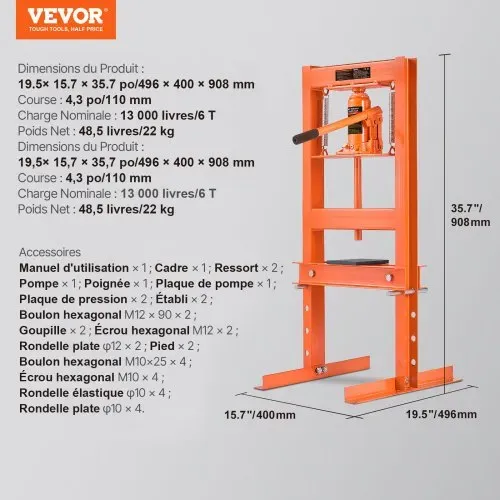 VEVOR Werkstattpresse Hydraulikpresse 6 t, Auto Rahmenpresse Presse 55-250 mm, 110 mm Hubhöhe Manuelle Lagerpresse Kohlenstoffstahl Werkstattpresse für die Autobuchsen, Kugelgelenke, U-Gelenke usw. – Bild 6