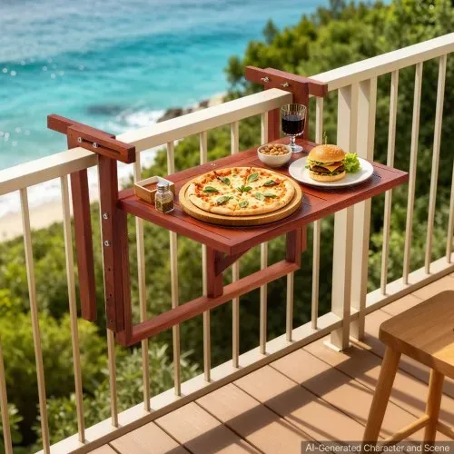 VEVOR Balkonhängetisch 560x280 mm Klapptisch 27 kg Hängetisch Balkontisch, für Terrasse Garten oder Balkon, Passend für 80-135 mm Geländer, Höhenverstellbar, Tischplatte aus Akazienholz, Platzsparend – Bild 7