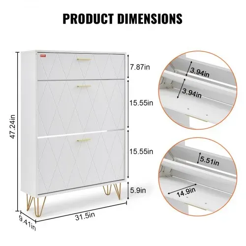 VEVOR Schuhschrank Schmal, Schuhregal Weiß, 800 x 239 x 1200 mm Schuhkipper mit 3 Klappen + oberem Staufach, Schuhkommode 68 kg Tragfähigkeit, Aufbewahrungsschrank Schuh P2-Spanplatte für Flur – Bild 2