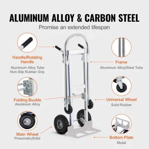 VEVOR 2-in-1 Sackkarre Klappbar 0,686kg Tragfähigkeit Transportkarre Aluminiumlegierung & Kohlenstoffstahl Sackkarre ⇋ Plattformwagen Trolley für Lade- & Transportaufgaben im Innen- & Außenbereich – Bild 3
