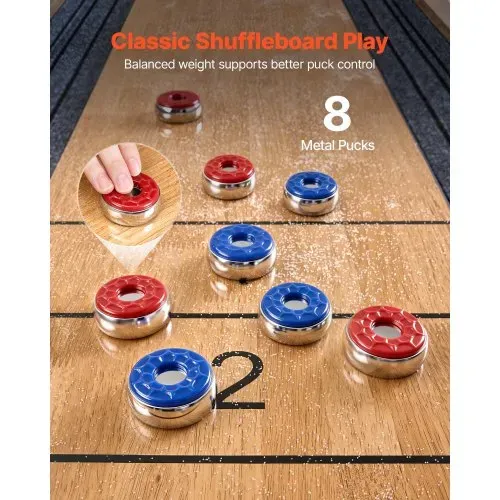 VEVOR Shuffleboard-Tisch 2,7 m mit 8 Pucks für das Spielzimmer zu Hause, Kratzfeste Spielfläche für Flüssiges und Schnelles Puckspiel, Sockelbeine mit Nivellierfüßen für Stabilität, Wachs und Bürste – Bild 3