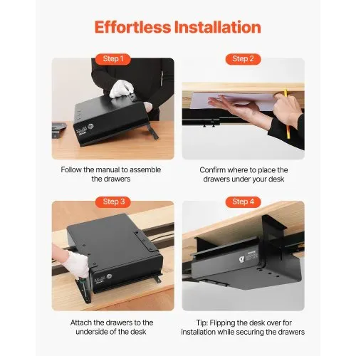 VEVOR Untertisch Schublade 365x335x185 mm, Unterbau Schreibtisch, versteckter Schreibtisch-Aufbewahrungs-Organizer, abschließbare Bleistiftschublade unter dem Tisch für Sitz-Steh-Arbeitsplätze – Bild 6