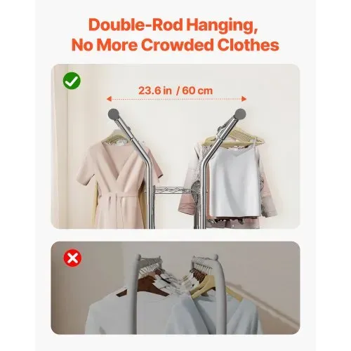 VEVOR Kleiderständer Garderobenständer rollbar mit 2 Kleiderstangen & 2 Ablageflächen, bis 120 kg belastbar, höhenverstellbarer Kleiderständer aus Karbonstahl für Schlafzimmer Waschküche – Bild 4