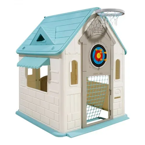 VEVOR Outdoor Spielhaus Outdoor 5 in 1 Gartenhaus (Rollenspielplatz/Basketball/Darts/Fußball/ Ringwurfspiel) Kinderspielhaus mit praktischer Tür & Rutschen-Set & Fenster für Kleinkinder ab 2 Jahren – Bild 8