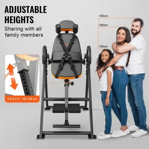 VEVOR Inversionstisch Inversionsbank, 136 kg belastbar, Multifunktionsgerät Rückentrainer, klappbares Krafttrainingsgerät mit Kopfstütze, Knöchelverriegelung, verstellbarem Schutzgurt, Orange/Schwar – Bild 4