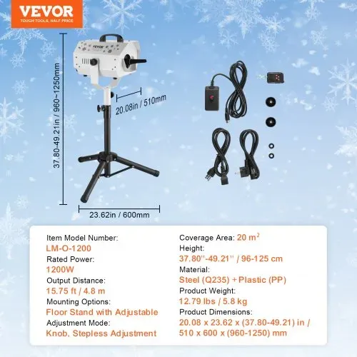 VEVOR Schneemaschine, 1200 W, Schnee Maschine mit höhenverstellbarem Ständer, Schneeflockenmaschine mit kabelloser Fernbedienung, Kunstschneeerzeuger für Weihnachtsfeiern, Hochzeitsbühneneffekte – Bild 6
