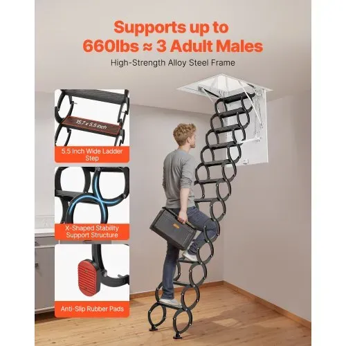 VEVOR Dachbodenleiter, Tragkraft 299,4 kg, passend für Deckenhöhen von 2,6 bis 2,85 m und Öffnungsgröße von 1000,76x698,5 mm, Scherentreppe aus legiertem Stahl mit Zugstange für Dachboden – Bild 2
