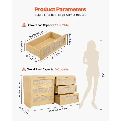 VEVOR Rattankommode Aufbewahrungsschrank mit 6 Schubladen & Metallgriffen, moderner Rattanschrank für Schlafzimmer Wohnzimmer Flur (144,5 x 45 x 79,5 cm) Kleidungsschrank Schubladenschrank – Bild 2