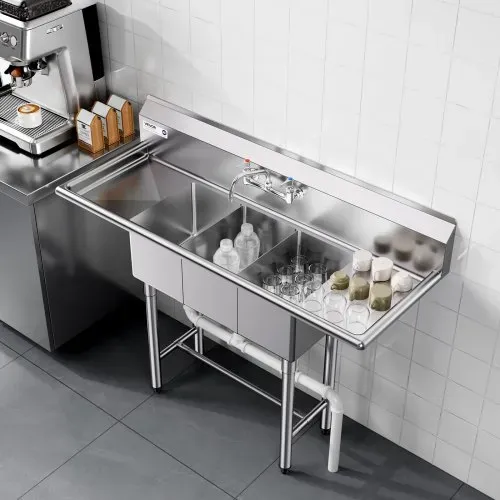 VEVOR Spülbecken mit 3 Becken & 2 Abtropfflächen & Spritzschutz, Küchenspüle (1372 x 508 x 1097 mm), Küchenspüle für Restaurants Imbisswagen Privaten Gebrauch, Edelstahlspüle Silber – Bild 7