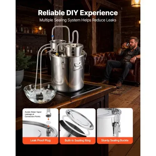 VEVOR Distillieranlage 50 L mit Thumper-Fass Wasserpumpe Thermometer Silber, Destillationsset mit Doppelskala-Thermometer für Whisky, Wein und Brandy, Destillierer-Heimbrauset für Hobby und Küche – Bild 4