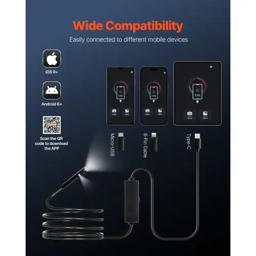 VEVOR Endoskopkamera mit Licht, Dual Lens Endoskop für Android & iOS, 1920P HD-Inspektionskamera mit 8+1 LED-Leuchten, 2-fachem Zoom, 3 m Schlangenkabel, IP67 wasserdichte Kamera für Auto, Sanitär – Bild 3