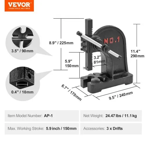 VEVOR Dornpresse, 1 t Handhebelpresse, Manuelle Dornpresse Präzisions Handpresse, 150 mm Maximale Höhe, Manuelle Desktop-Stanzpresse aus Gusseisen, zum Stanzen, Biegen, Strecken, Formen – Bild 6