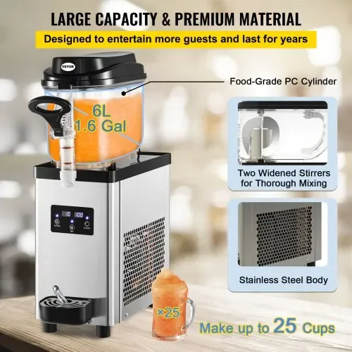 VEVOR Kommerzielle Slushy-Maschine, 6L Tassen Einzelschüssel Slush Ice Maschine, 300W 220V, Edelstahl Margarita Smoothie Frozen Drink Maker, Slushie Maschine für Supermärkte, Cafés, Restaurants, Bars – Bild 2