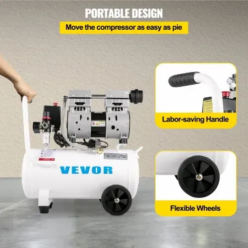VEVOR Flüsterkompressor 25 L, Leise Ölfrei Kompressor 750 W, Ölfrei Luftkompressor 60 dB, Druckluftkompressor, Silent Druckluft Kessel 165 L / min Abgasvolumen, mit Eingebautem Abluftventilator – Bild 4