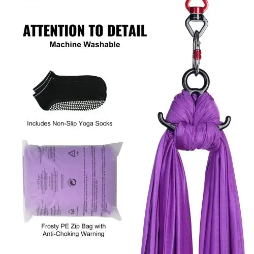 VEVOR Aerial Yoga Hängematte Set 8 x 2,8 m, Lila Aerial Yoga Swing Air Fliegen, Indoor Aerial Yoga Hammock Swing 1000 kg Max. Tragfähigkeit, inkl. Yoga-Socken & Stahlkarabiner & Alu-Drehgelenk – Bild 5